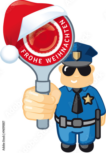 "Polizist zeigt Polizeikelle mit Weihnachtsmütze und Frohe Weihnachten 