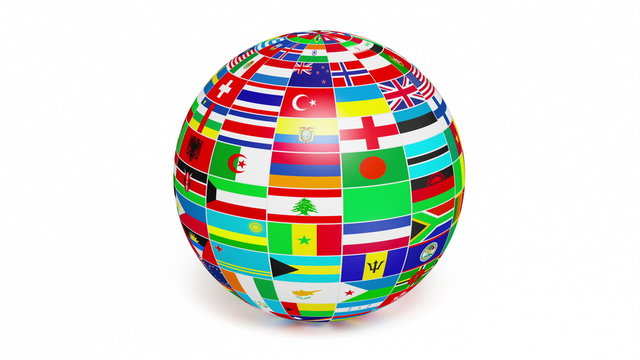 Travel and international business concept - 3d  globe sphere with  flags of the world rotating on white background