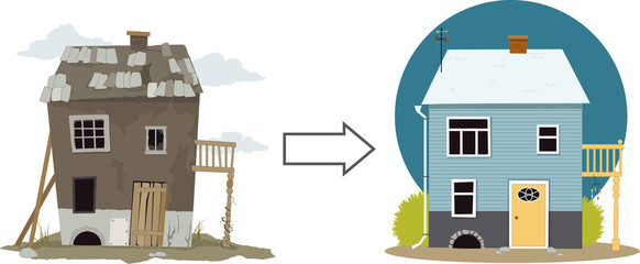 Rundown derelict house turned into a cute cottage, EPS 8 vector illustration