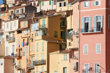 Colorful houses facades in Menton town, Provence, France