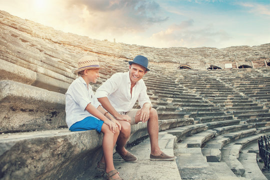 Father with son spent time together on the antique ruins