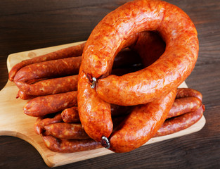 Smoked sausage on a kitchen table