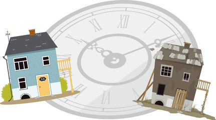 A house when it was new and when it became old and rundown shown in front of a clock face, symbolizing passing time, EPS 8, no transparencies