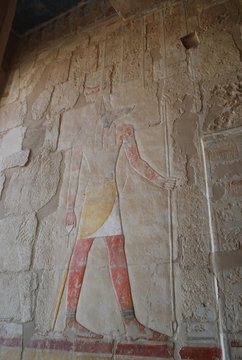 Relief depicting the God Anubis, the god of death and the afterlife. Hatshepsut Temple of Hatshepsut at Theban necropolis, Luxor neighborhood, Egypt. 