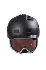 Black ski and snowboard helmet and glasses
