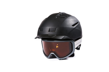 Black ski and snowboard helmet and glasses