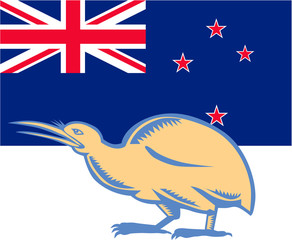 Kiwi Bird NZ Flag Woodcut