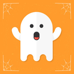 Ghost icon. Cute white cartoon ghost. Halloween illustration isolated on stylized orange background. Vector illustration