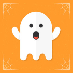 Ghost icon. Cute white cartoon ghost. Halloween illustration isolated on stylized orange background. Vector illustration