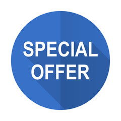 special offer blue flat desgn icon with shadow on white background