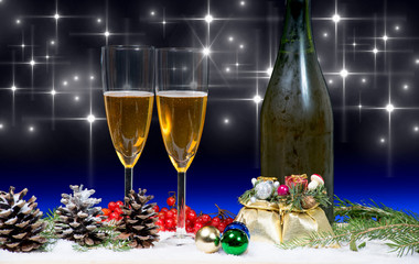 Two glasses of champagne with christmas decor