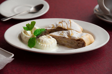 Apple strudel and ice cream