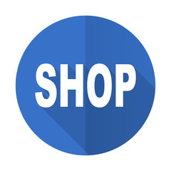 shop blue flat desgn icon with shadow on white background
