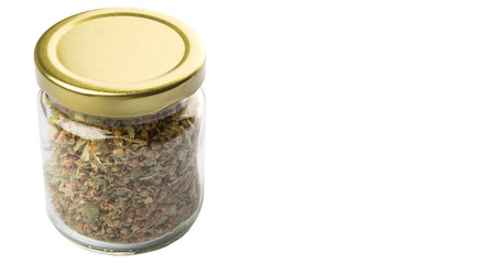 Dried linden flower herbal tea in mason jar over  white background