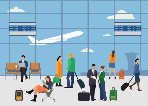 People in airport flat style design. Man and woman talking at the airport. Business people in airport. Business travel concept