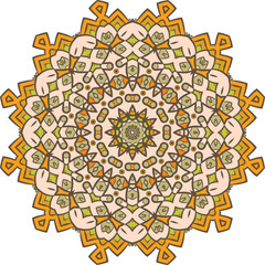 Ethnic Fractal Mandala Vector Meditation looks like Snowflake or Maya Aztec Pattern or Flower too Isolated on White Colorful