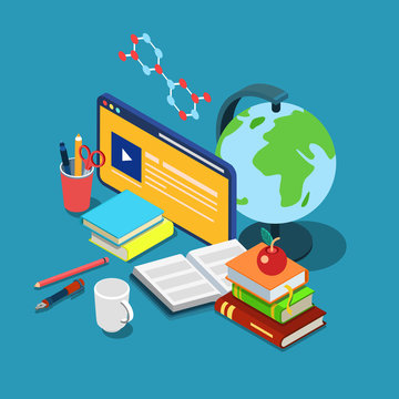 Online courses education knowledge flat 3d isometric vector