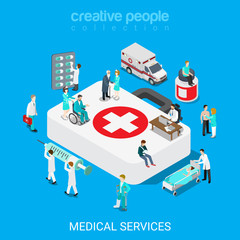 Medical services doctor nurse first aid flat 3d isometric vector