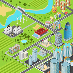 City block streets transport buildings flat 3d isometric vector