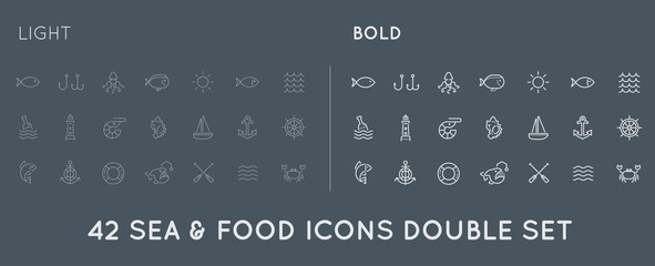 Set of Thin and Bold Vector Sea Food Elements and Sea Signs Illustration can be used as Logo or Icon in premium quality