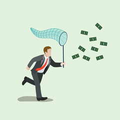 Money catching business dollars scoop net flat isometric vector