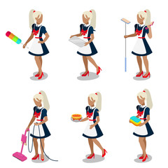 Sexy female housemaid maid cleaner flat 3d isometric vector