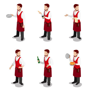 Male cook waiter sommelier restaurant flat 3d isometric vector