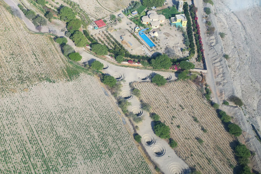 Aerial view of Cantalloc Aqueducts, Nazca, Peru.