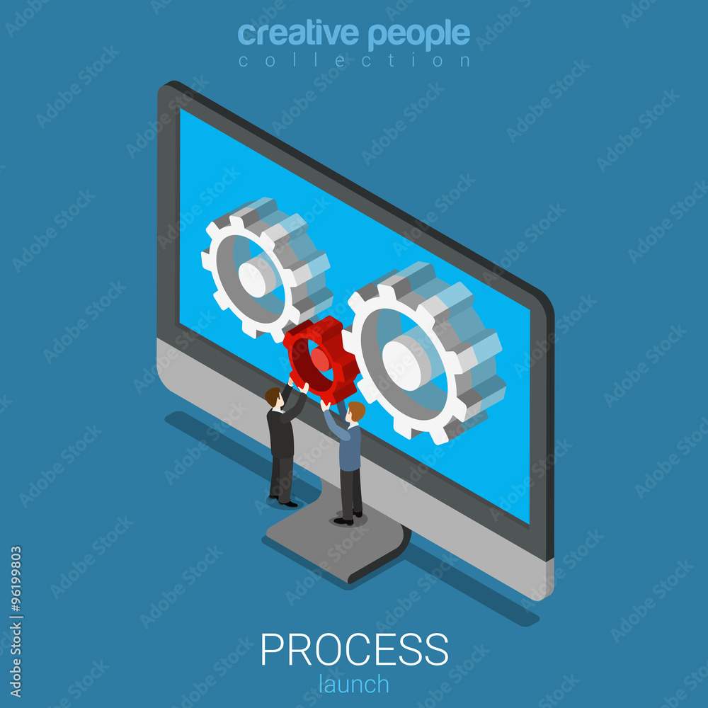 Poster app application software launch cogwheel flat vector isometric