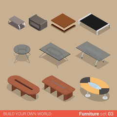 Office table set: flat vector isometric furniture