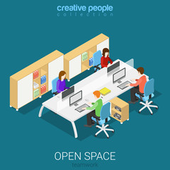 Office open space room workplace flat vector isometric interior