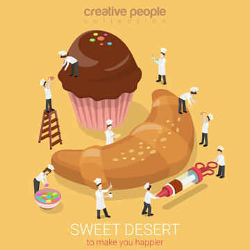 Sweet desert bakery muffin croissant flat vector isometric 3d
