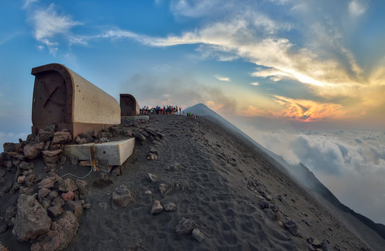 Group of tourists hiking on top of the Stromboli Volcano in the Aeolian Islands, Sicily, Italy
