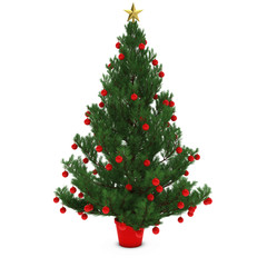 Christmas Tree Decorated with Red Baubles Isolated on White Background