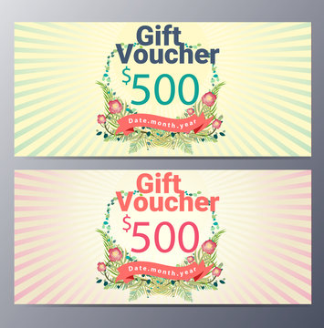 Gift voucher template with vintage hand drawn pattern