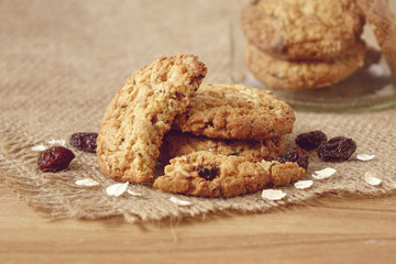 Oat raisin cookies on table cloth