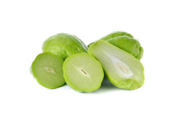 whole and half cut fresh Chayote on white background