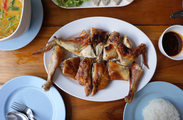 Roasted chicken on the white plate