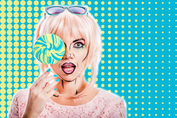 Girl with makeup in the style of pop art and lollipop. Color bac