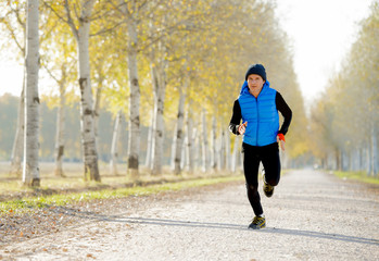 Obraz premium sport man running outdoors in off road trail ground with trees under beautiful Autumn sunlight