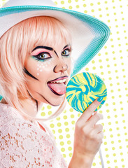 Girl with makeup in style of pop art, hat and lollipop. Colored
