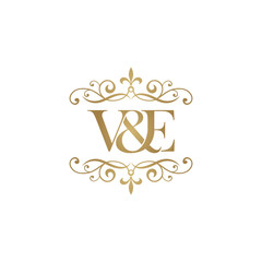 V&E Initial logo. Ornament ampersand monogram golden logo