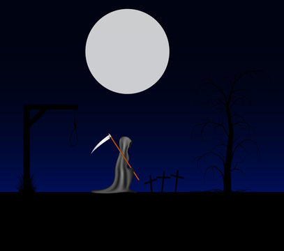Spooky background with grim reaper with scythe in a cemetery 