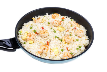 Traditional Chinese Shrimp Fried Rice in a Frying Pan Isolated on White