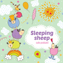 Baby card with sleeping sheep. Cute vector.