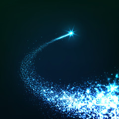 Abstrakte, Neon Blau leuchtende, Sternschnuppe mit Schweif auf dunklem Hintergrund. Silvester, Signalrakete, Rakete, Feuerwerk, Leuchtkugel. Komet, Meteorit und Asteroid - Schnuppe. © orbcat