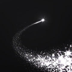 Abstrakte, hell leuchtende, Sternschnuppe mit Schweif auf dunklem Hintergrund. Silvester, Signalrakete, Rakete, Feuerwerk, Leuchtkugel. Komet, Meteorit und Asteroid - Schnuppe. Schwarz-Weiß. © orbcat
