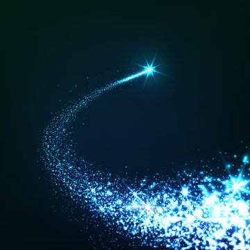 Abstrakte, Neon Blau leuchtende, Sternschnuppe mit Schweif auf dunklem Hintergrund. Silvester, Signalrakete, Rakete, Feuerwerk, Leuchtkugel. Komet, Meteorit und Asteroid - Schnuppe.