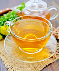 Tea of Rhodiola rosea in glass cup and teapot on sacking
