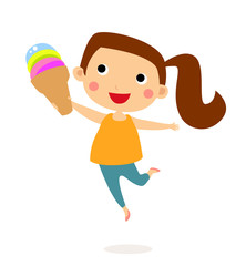 Little girl eating a sweet and cute three flavor ice cream 